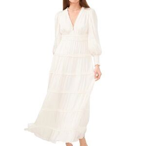 Chelsea & Violet Satin Ruffle V-Neck Long Smocked Cuff Sleeve Tiered Dress